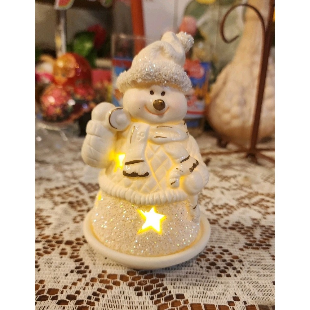Vintage Winter Snowman 2pc Fairy Lamp Candle Holder W/ Box, Glitter Flocked Rare